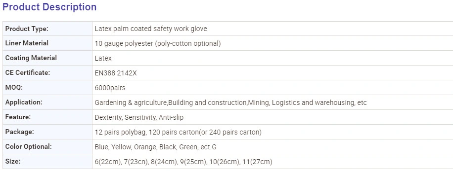 High Quality and Best Price Latex Coated Series Labor Safety Working Gloves