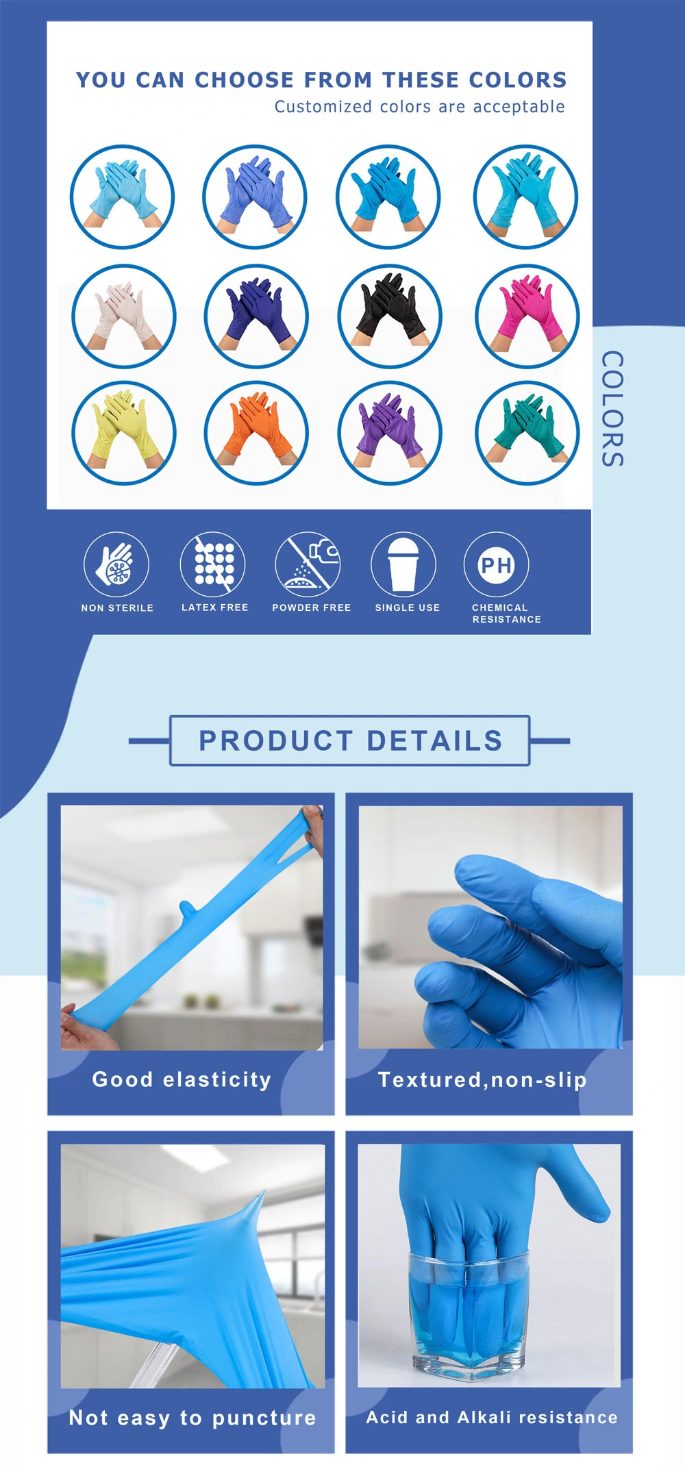 CE FDA Purple/Pink Medical Supply Powder Disposable Violet Blue Nitrile Examination Latex Free Exam Vinyl Non-Sterile Food Inspection Glove Manufacturer