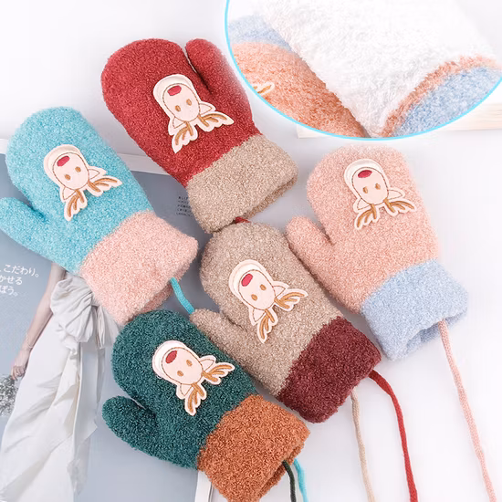 Luvas quentes de tricô grossas e grossas de malha de dedo de desenho animado feliz para inverno